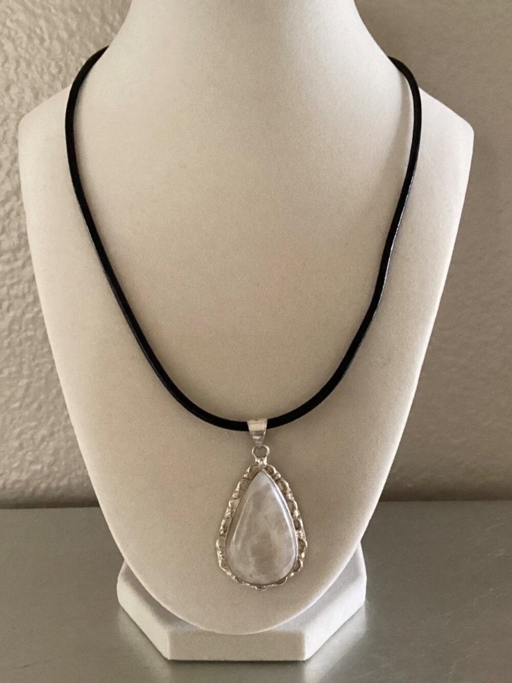 Silver quartz pendant necklace on leather cord, 18"
